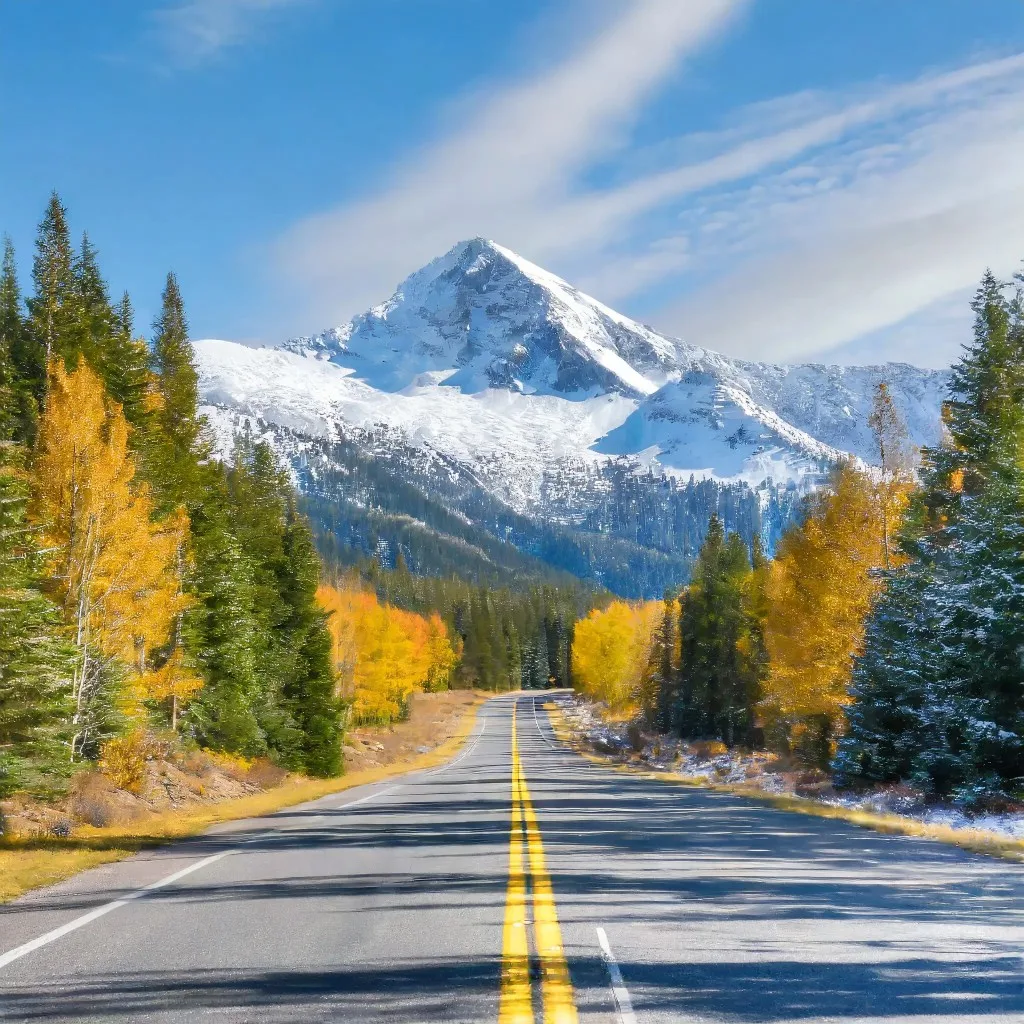 A straight road leading towards a majestic snow-capped mountain. On either side of the road, there are evergreen coniferous trees with autumn colors at their bases, indicating a transition between seasons.