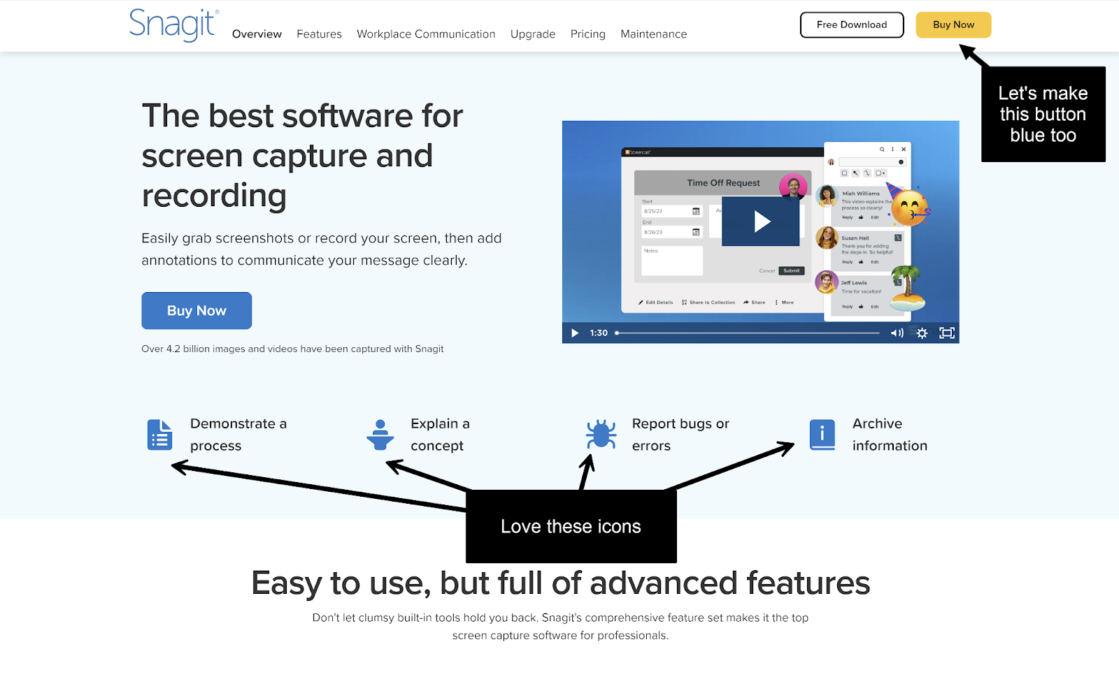 Image of feedback on a website design using screenshots.
