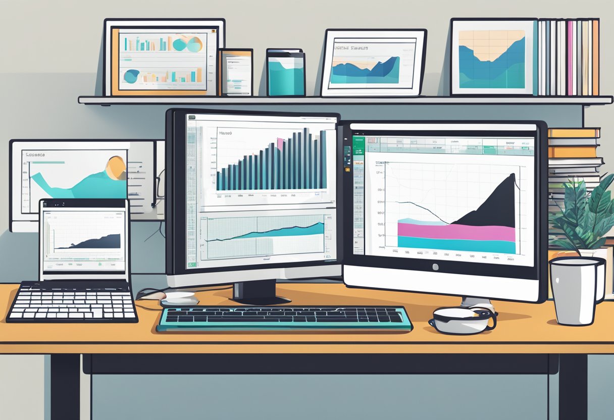 A sleek computer with multiple screens displaying trading charts and data, surrounded by books, a notepad, and a cup of coffee