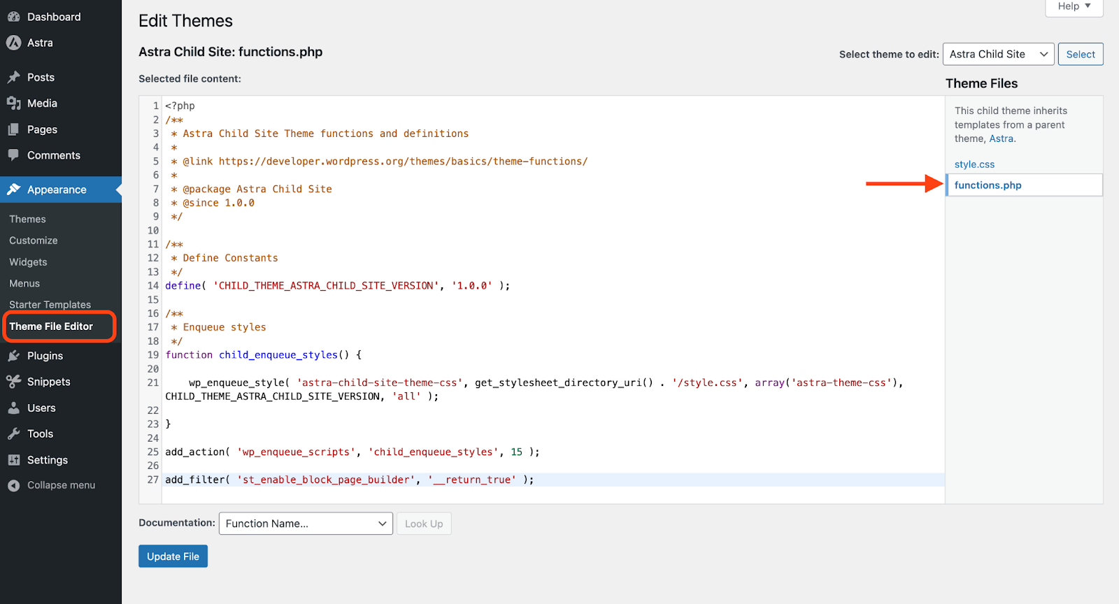 Navigate to Appearance > Theme Editor > functions.php