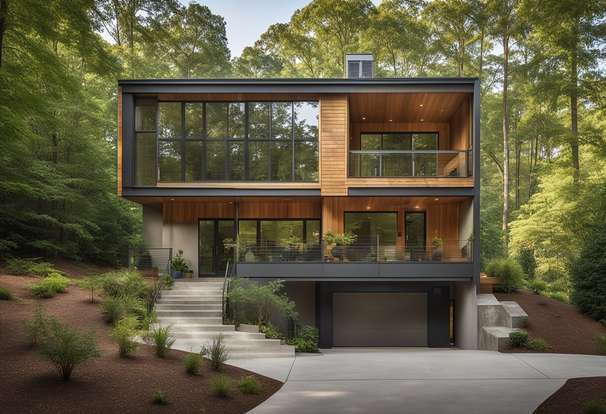 A modern, spacious home with clean lines and large windows sits on a lush, green lot in Carrboro, NC. The exterior features a mix of natural materials and a sleek, minimalist design