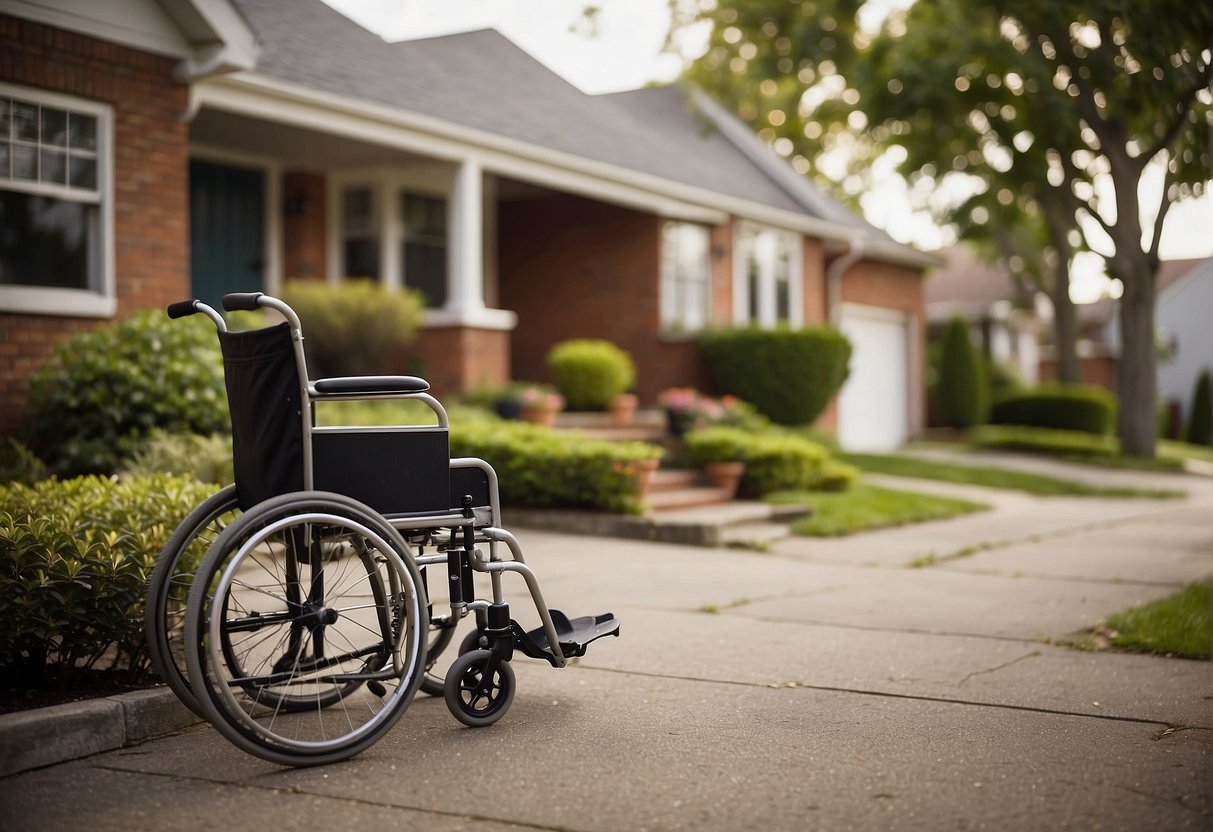 A house with a "For Sale" sign sits on a busy street. A wheelchair ramp leads up to the front door, emphasizing accessibility