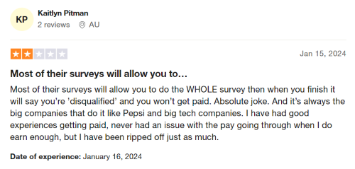 A two-star AttaPoll review from someone who was disqualified from taking certain surveys. 