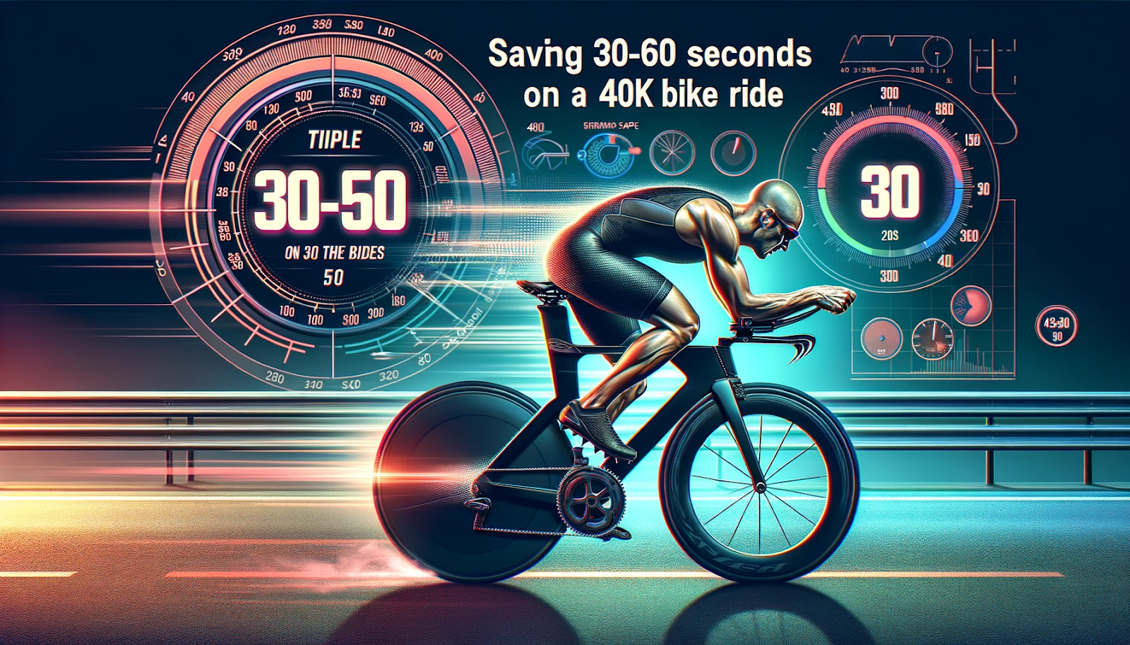 Photo of a triathlete riding a top-tier triathlon bike on a race track. The athlete is in a streamlined position, emphasizing the aerodynamics of the bike. The background shows a digital timer clocking the bike's speed, with a caption underneath stating 'Saving 30-60 seconds on a 40k bike ride'. Surrounding graphics illustrate the wind resistance being efficiently managed by the bike's design.
