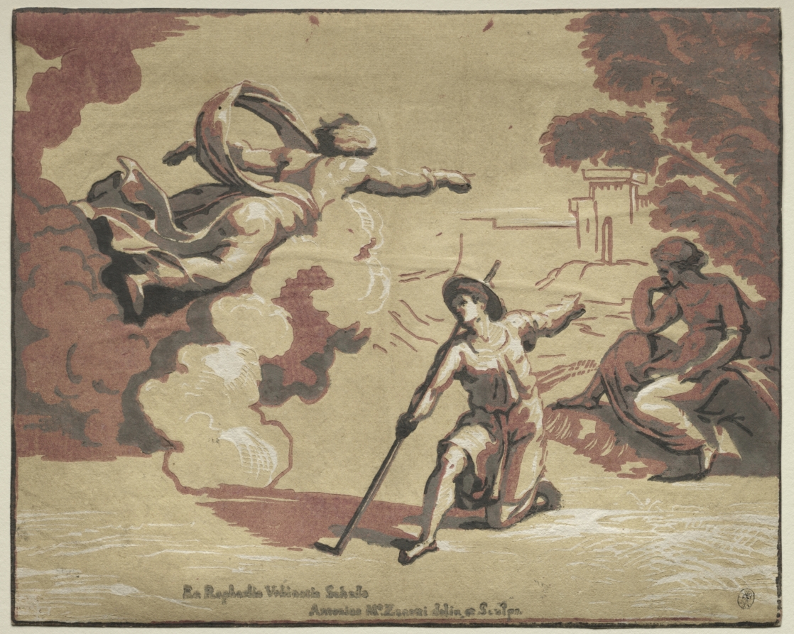 God Appearing to Isaac - a drawing of a man with a sword and a woman with a sword
