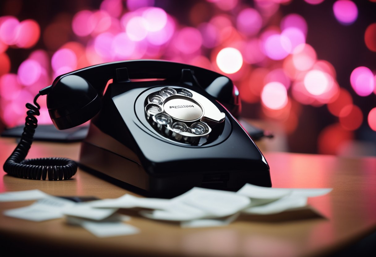 A ringing phone on a cluttered desk, with a flashing red light indicating a new message