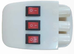 A white electrical outlet with red switches

Description automatically generated