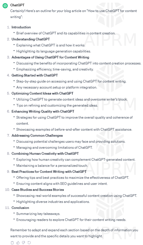 Image of ChatGPT results for generating blog post outlines.