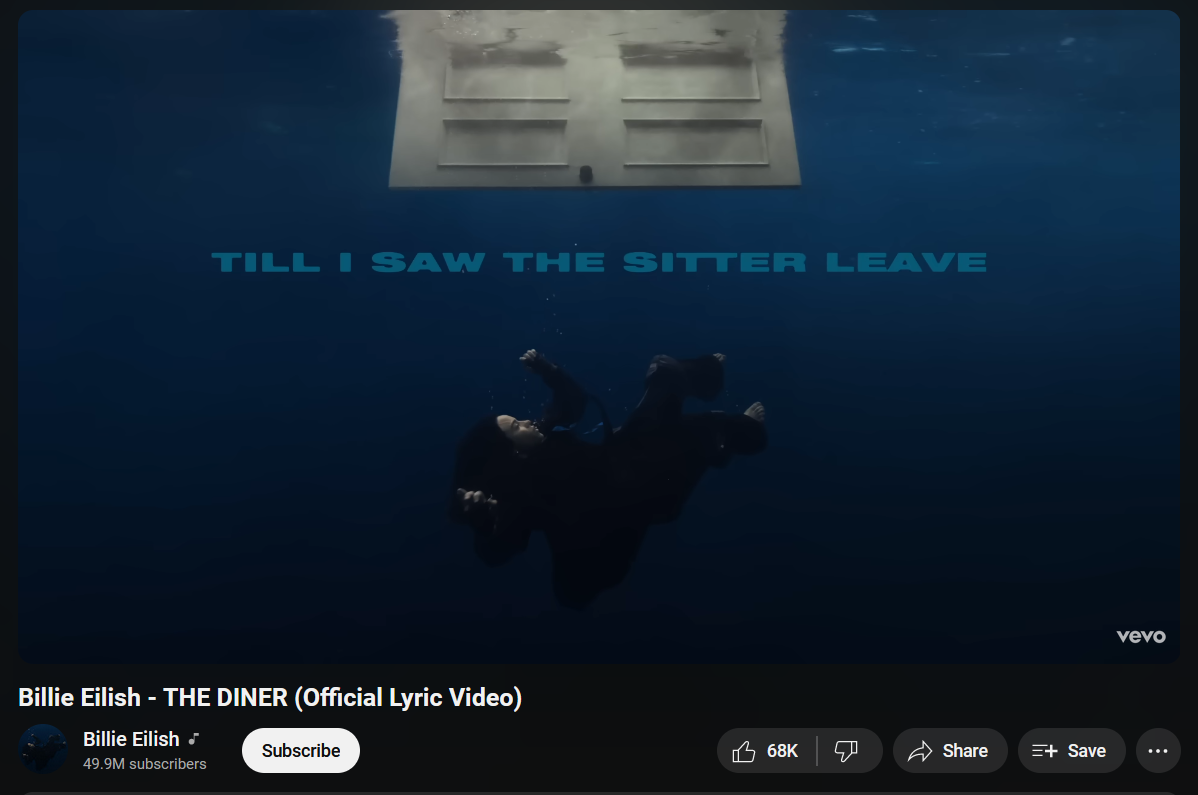 Screenshot of Billie Eilish's The Diner, showing the lyric 'til I saw the sitter leave'