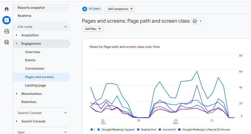 Go to Pages and screens in the Engagement report to view the pages receiving organic search traffic in GA4