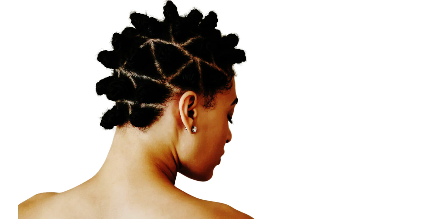 Back view of lady styled in beautiful bantu knots