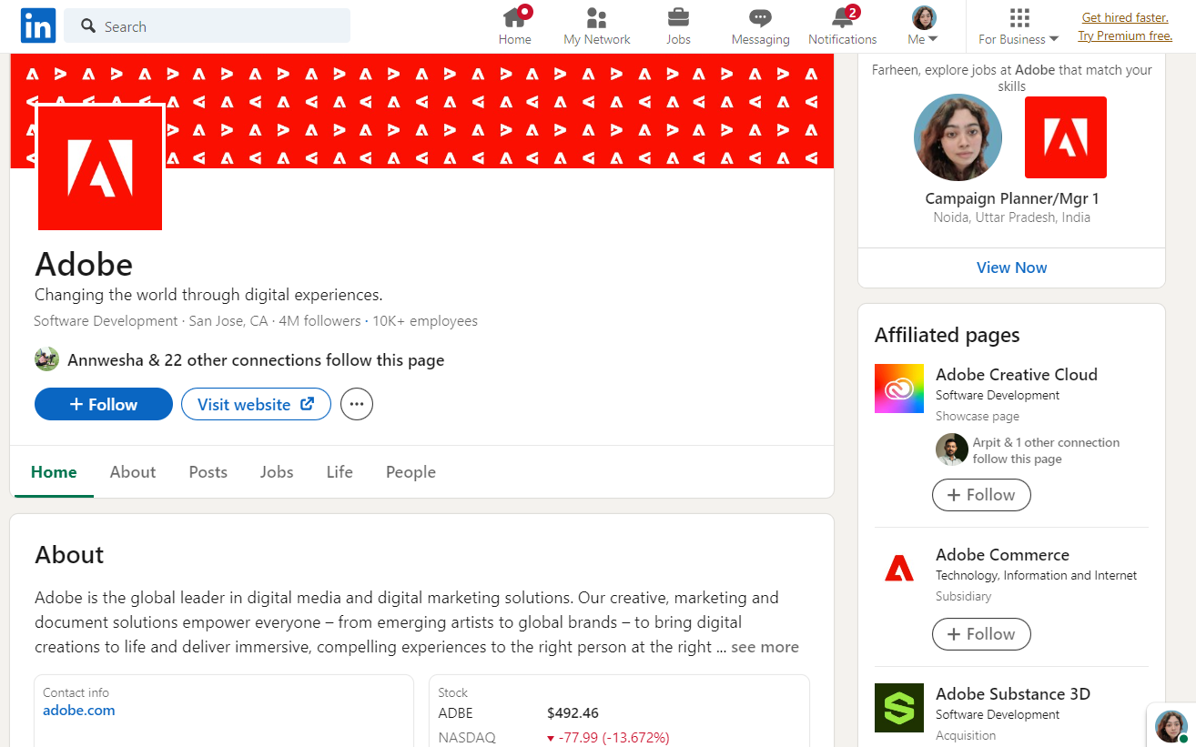 LinkedIn for business - Adobe About Page