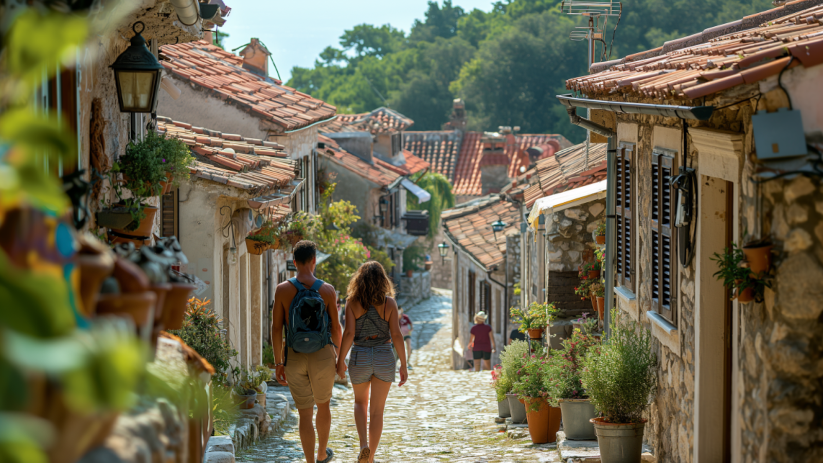 A couple enjoying a leisurely stroll through a historic Croatian town.