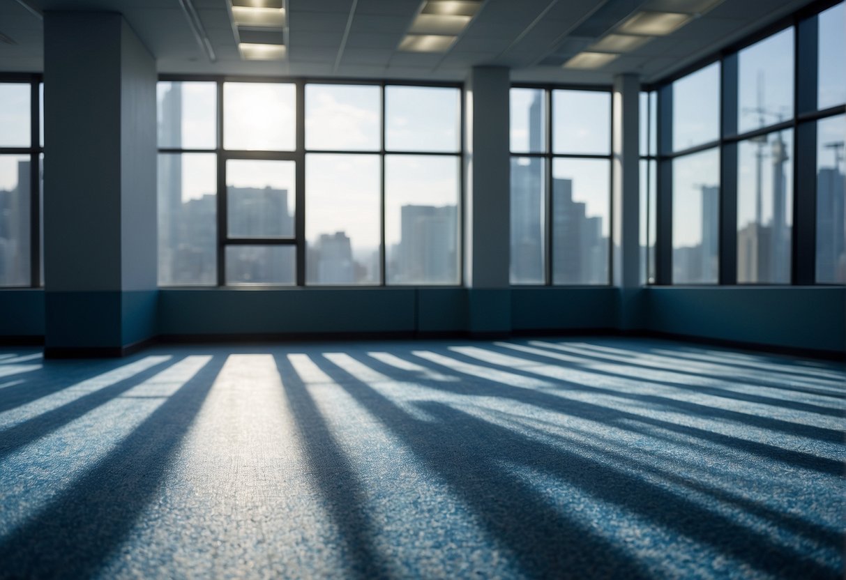 A modern office space with geometric patterned carpet tiles in various shades of blue and gray. Light streams in through large windows, casting shadows on the floor