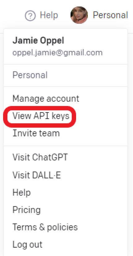OpenAI account menu