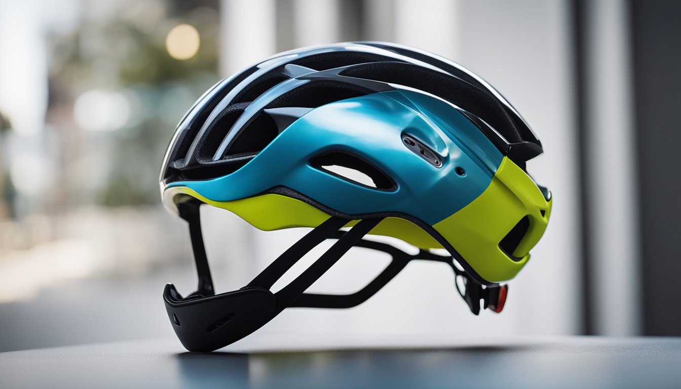 A sleek ACE II Road Bike Helmet sits atop a clean, white surface, with its aerodynamic design and vibrant colors catching the light