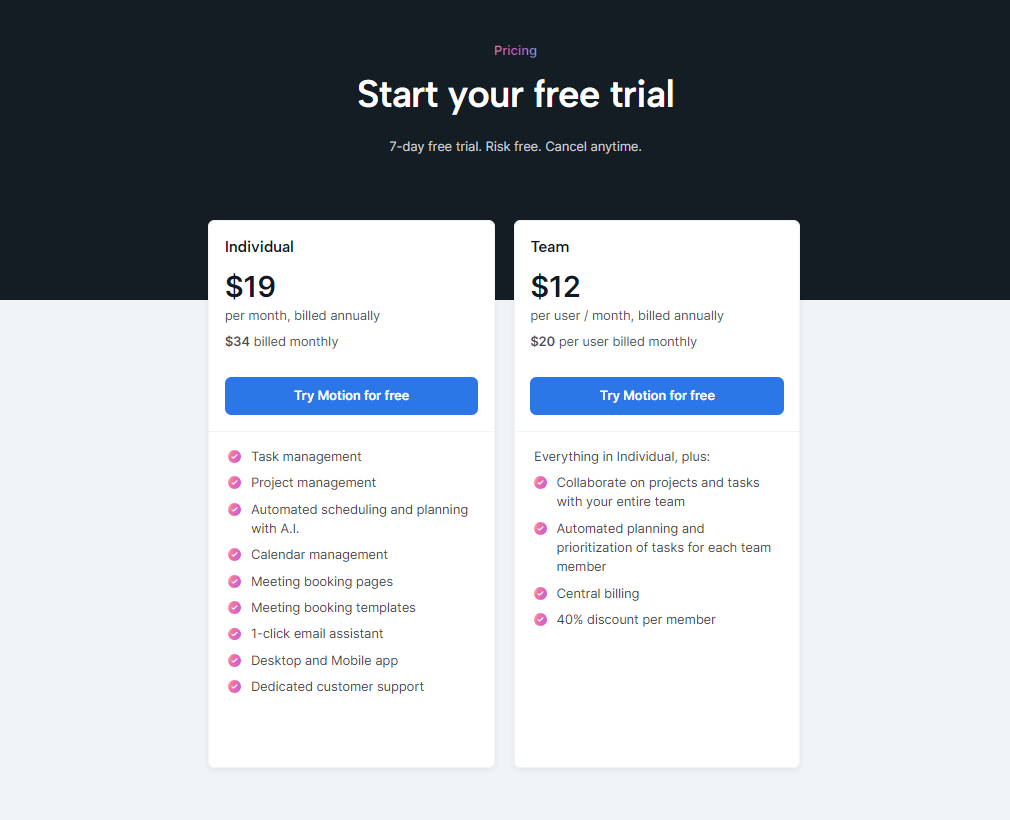 The pricing plans for the Motion AI assistant app. 
