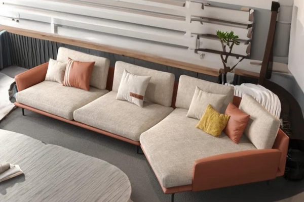 Microfibre leather 6-seater l-shaped sofa in beige and orange hues