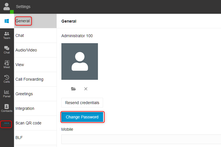 Безопасность АТС Сообщите пользователям, что они должны зайти в веб-клиент, перейти в раздел "Settings > General" и нажать кнопку "Change Password".