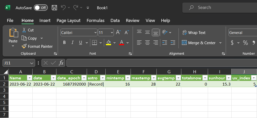 Screenshot of an Excel spreadsheet  to be set up for managing weather forecast data