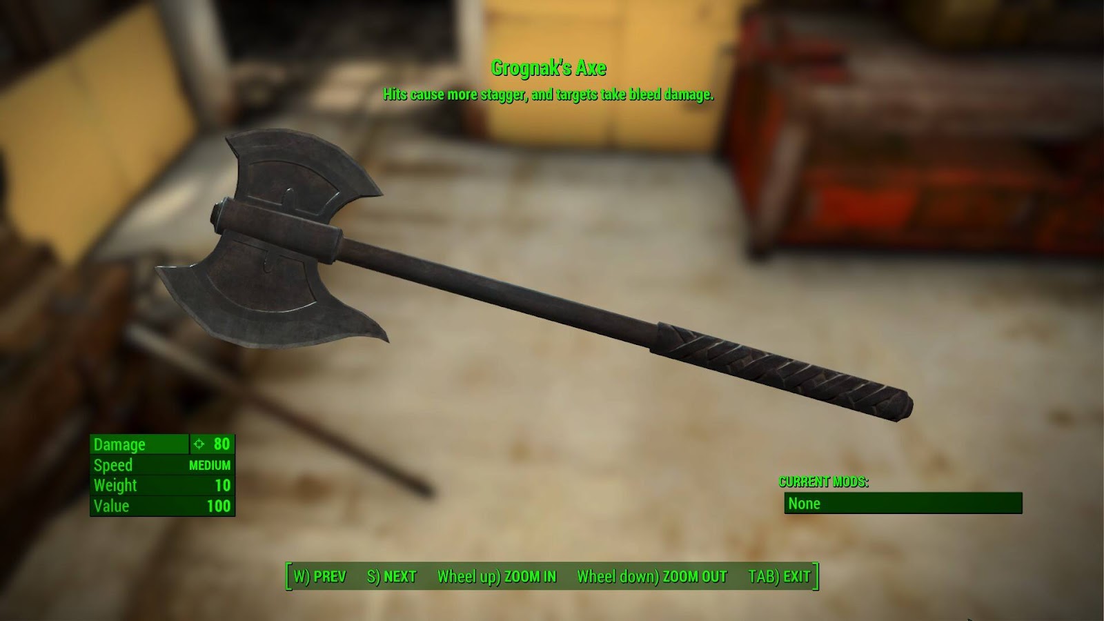Grognak's Axe, a two-handed double-sided axe, viewed through the inventory UI of Fallout 4.
