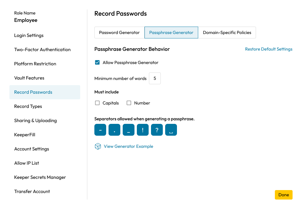 Image showing how Keeper administrators can create passphrase policies.