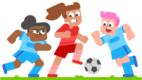 Abbildung von drei Personen, die Fußball spielen. Zwei von ihnen tragen blaue Trikots und eine ein rotes Trikot.
