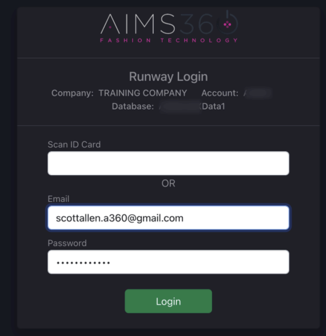 AIMS360 Runway login screen