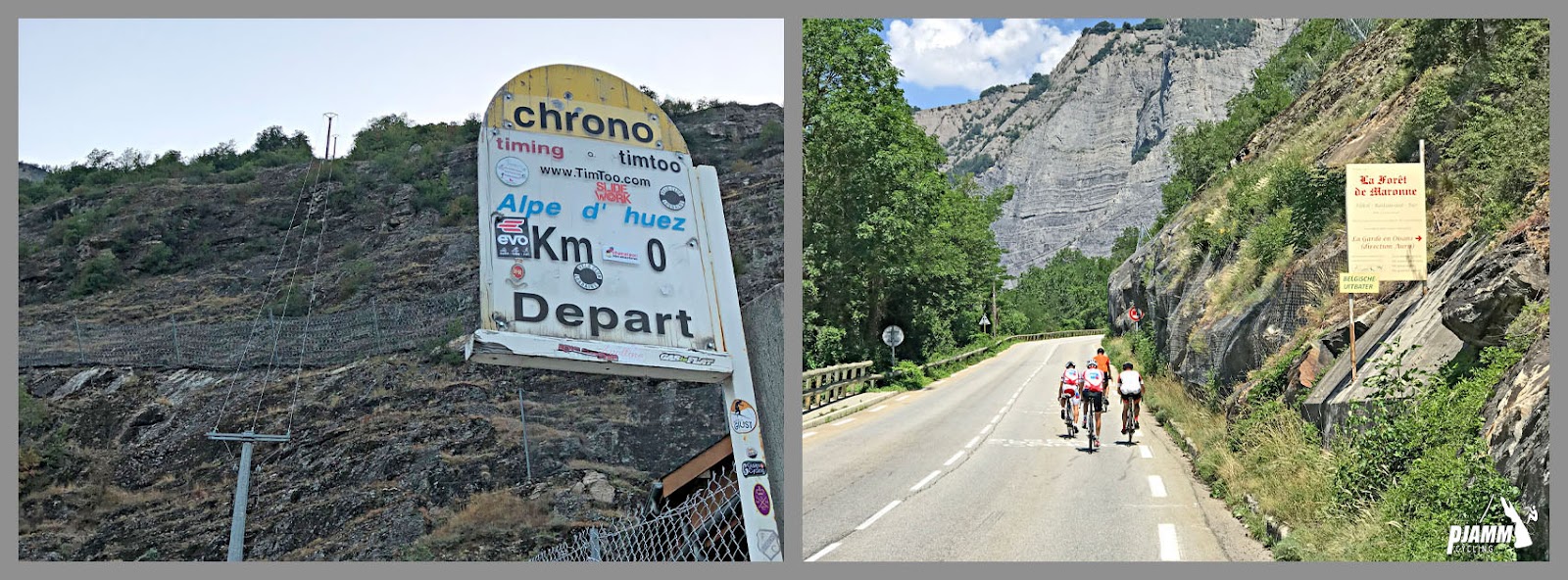 PJAMM Cyclists ride on roadway on Alpe d'Huez climb; KM marker at climb's start