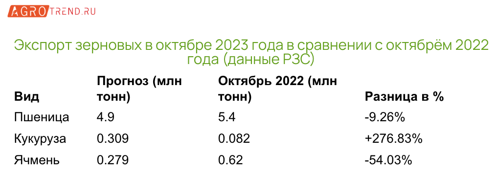 Экспорт зерна: итоги октября 2023 года