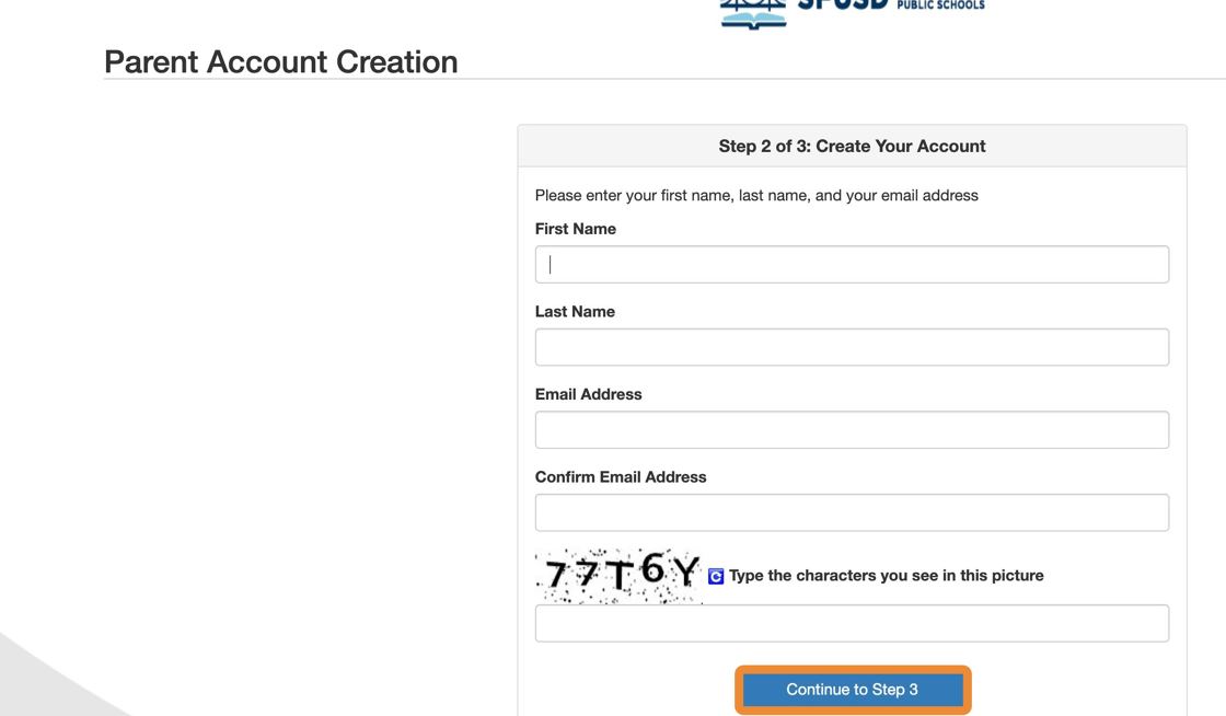 Screenshot of: Fill in the fields with your information the click "Continue to Step 3"