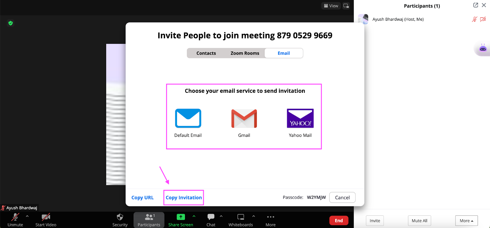 Create a Zoom meeting on web browser - Invite participants to a new meeting