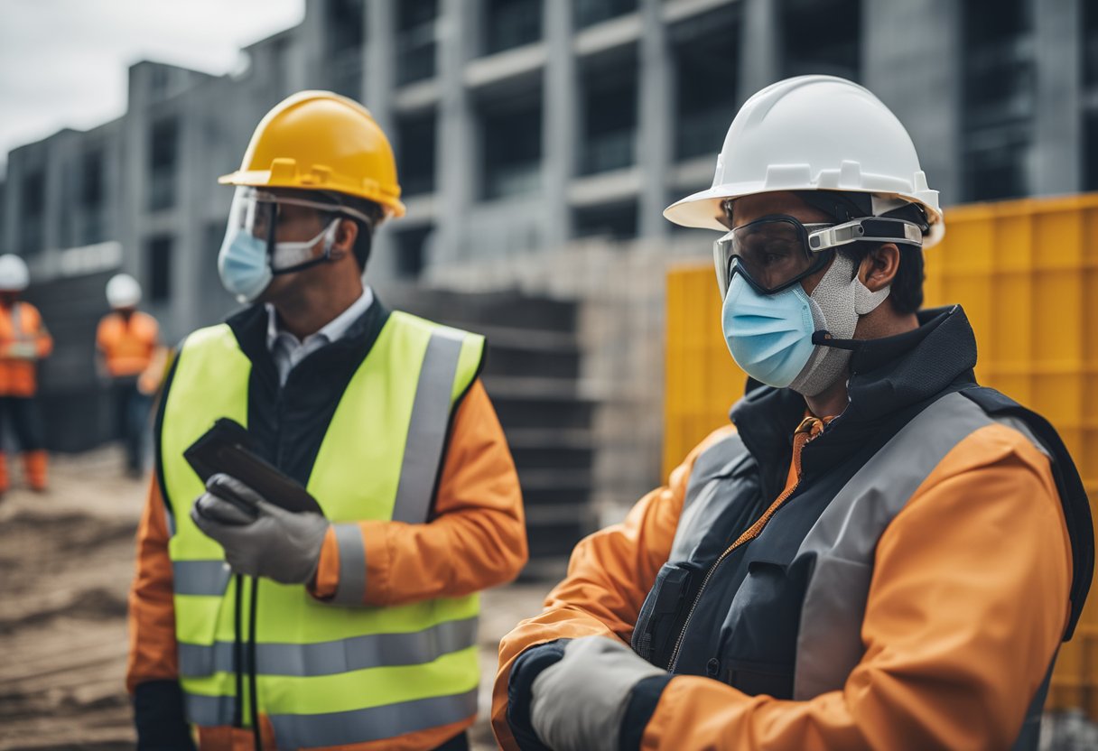 Construction site with workers wearing protective gear, using noise measurement equipment. Regulations posted on site. Noise barriers and soundproofing in place