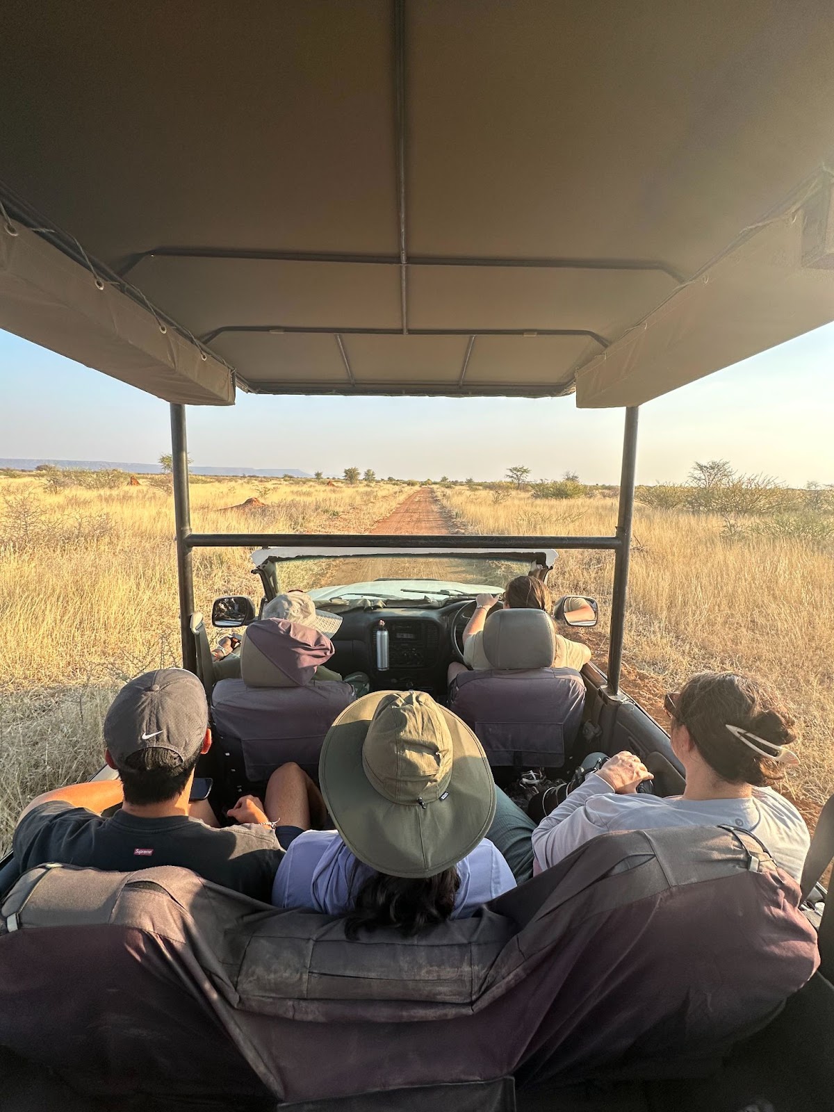 The view of the open-air game drive vehicle and the vast savannah landscape.