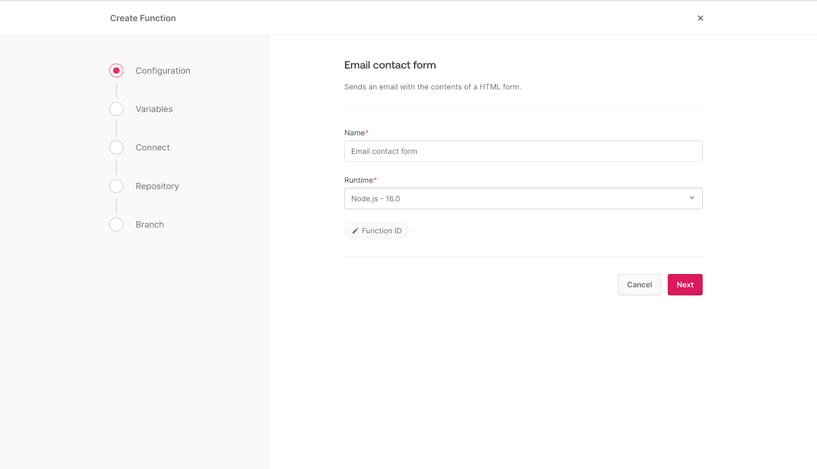 A screenshot showing the section to select the runtime environment for your email contact form