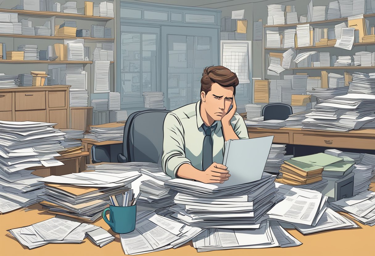 A frustrated seller stares at a traditional "For Sale" sign while surrounded by piles of paperwork and conflicting advice from various sources
