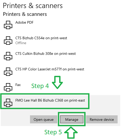 image showing the manage option once you click on FMO Lee Hall printer