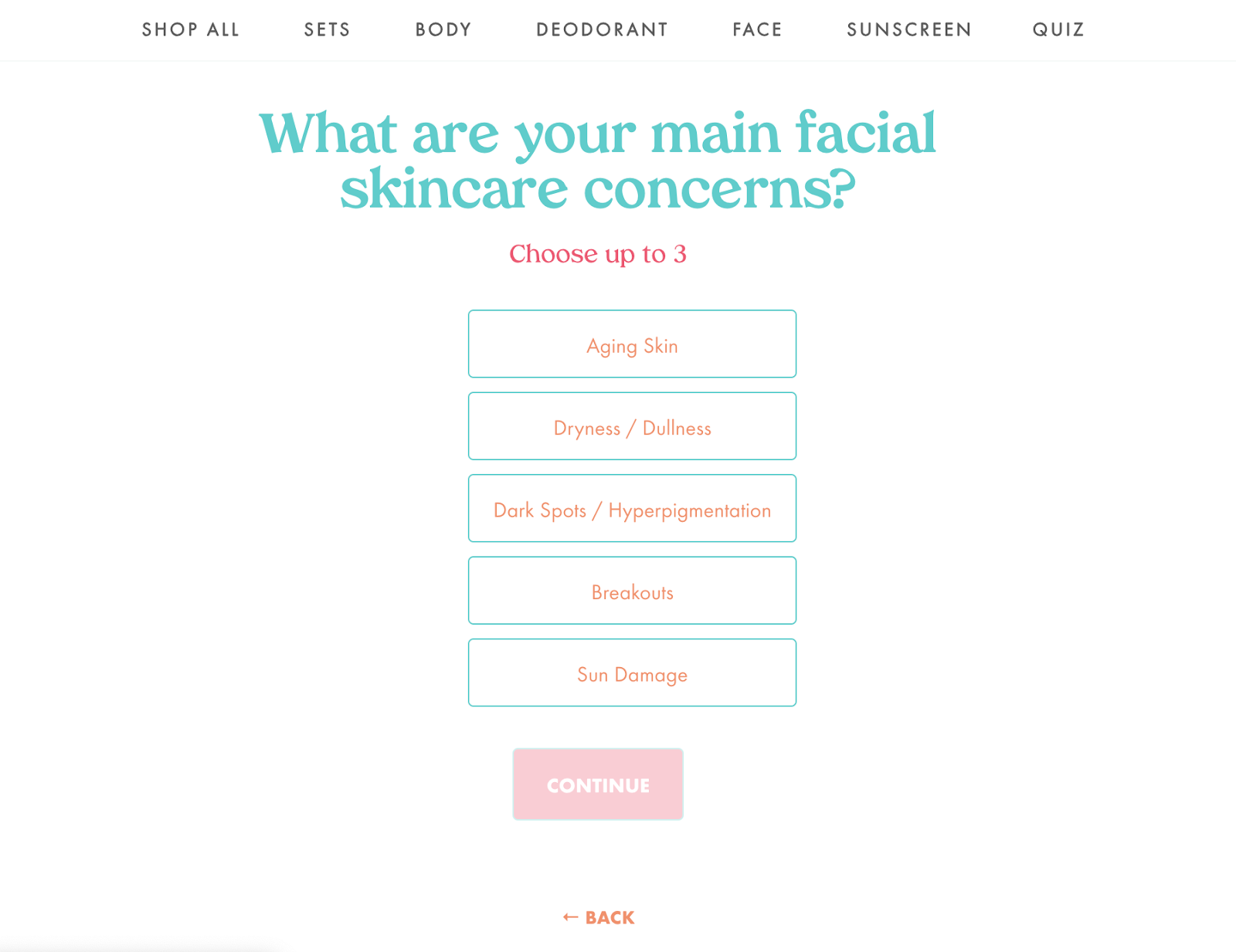Kopari Beauty quiz asking about preferences and skin concerns and suggesting the best products based off the answers.