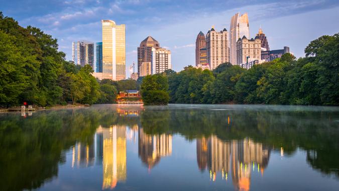 Atlanta, Georgia, USA midtown skyline from PIedmont Park.