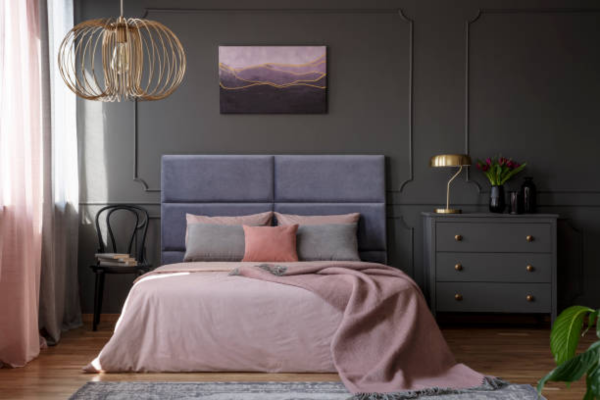 grey bedroom with wall art