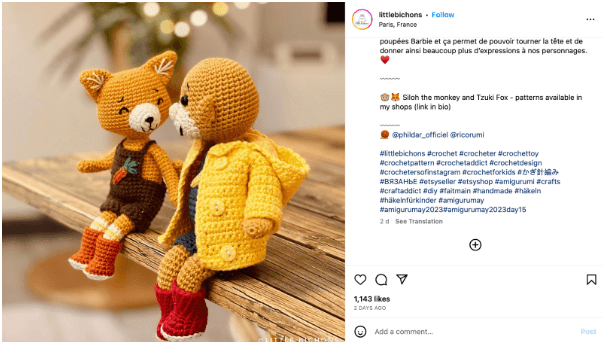 A screenshot of an Instagram post featuring a crochet monkey and fox.