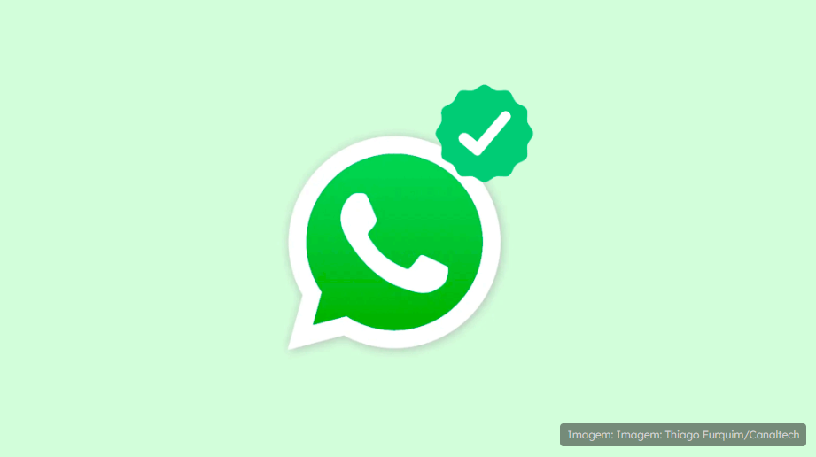 Imagem em verde, ilustrada do logotipo do WhatsApp e o selo de verificação. No canto inferior direito, é possível ver os créditos de onde a imagem foi retirada (Canaltech).