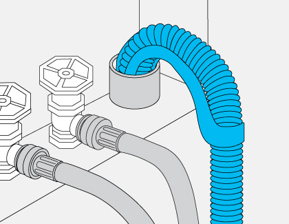 An illustration of the hot and cold water inlets next to the drain hose bending downwards.