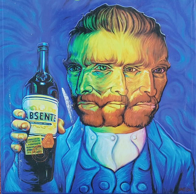 Unique Portrait of Van Gogh Illustrating His Many Faces in One With A Bottle in His Hand