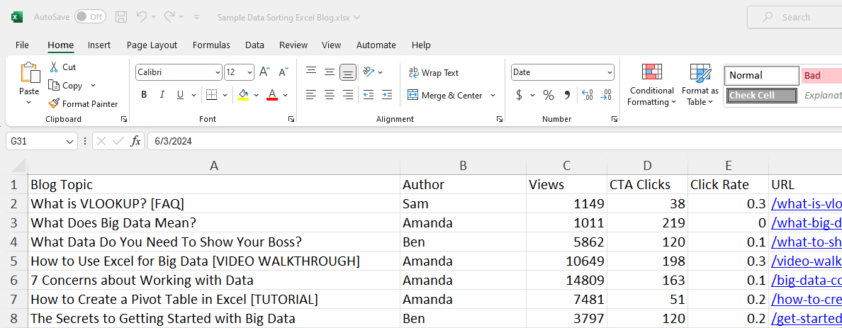 Sorting in Excel by clicking the sort button in data toolbar