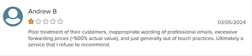 A 1-star review from an Anytime Mailbox customer complaining about their customer service and high costs. 