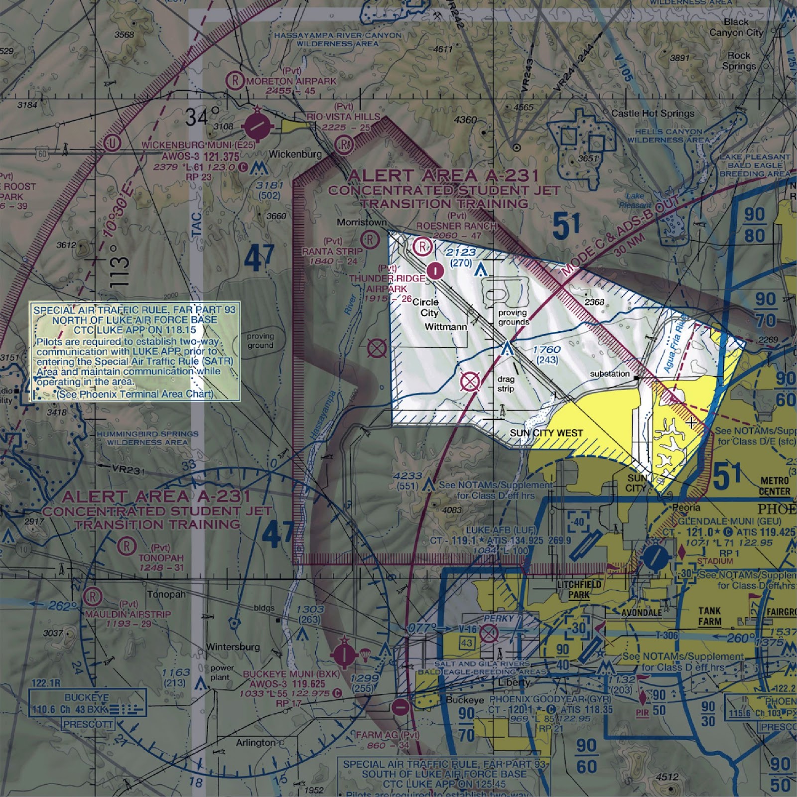 A diagram depicting a Special Air Traffic Rules Area (SATR) on a sectional chart.