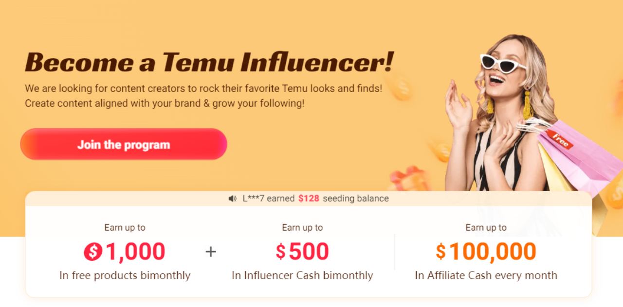 Partner up with Temu to earn commissions and products through their partnership programs.