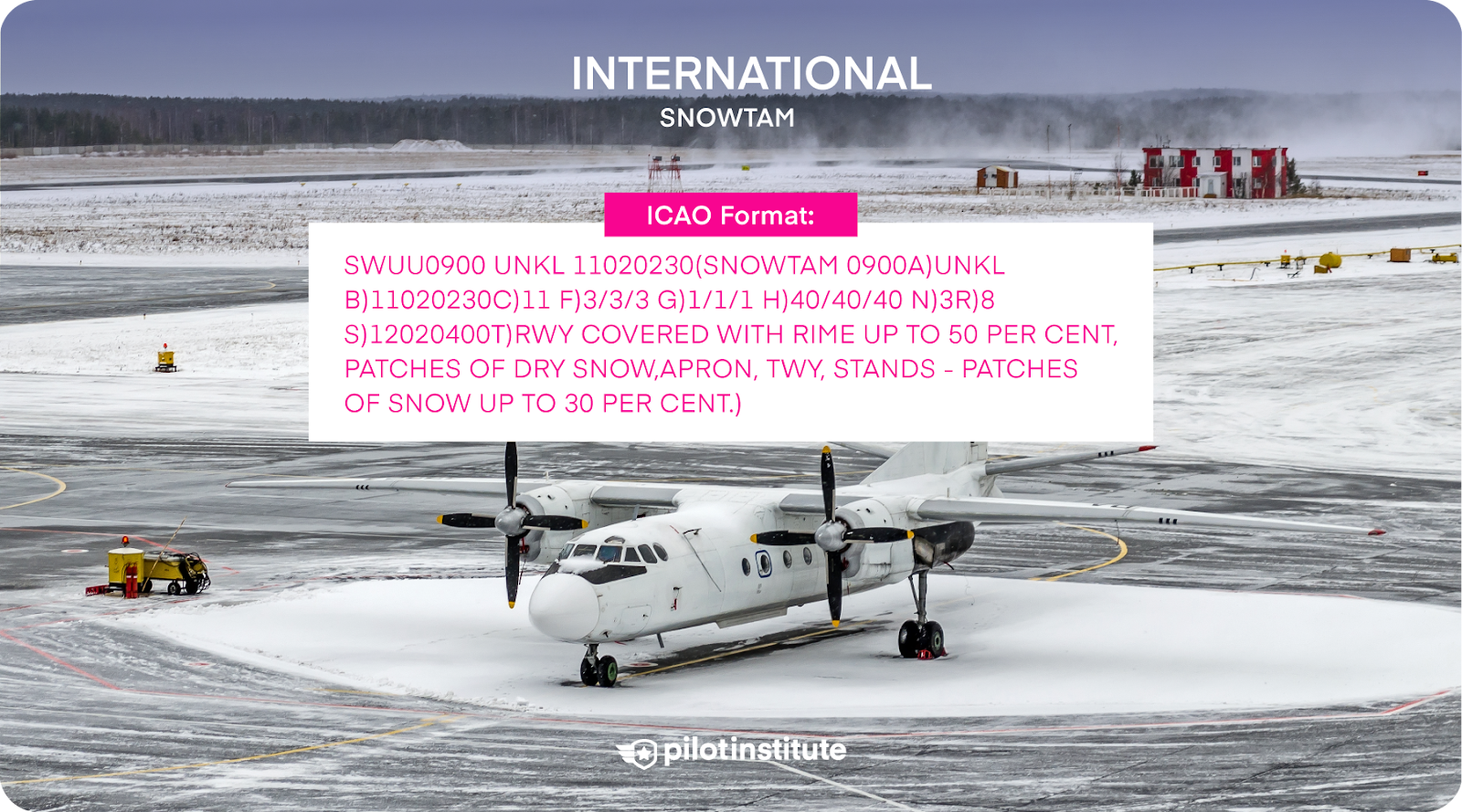 An international NOTAM (SNOWTAM) describing a snow-covered airport.