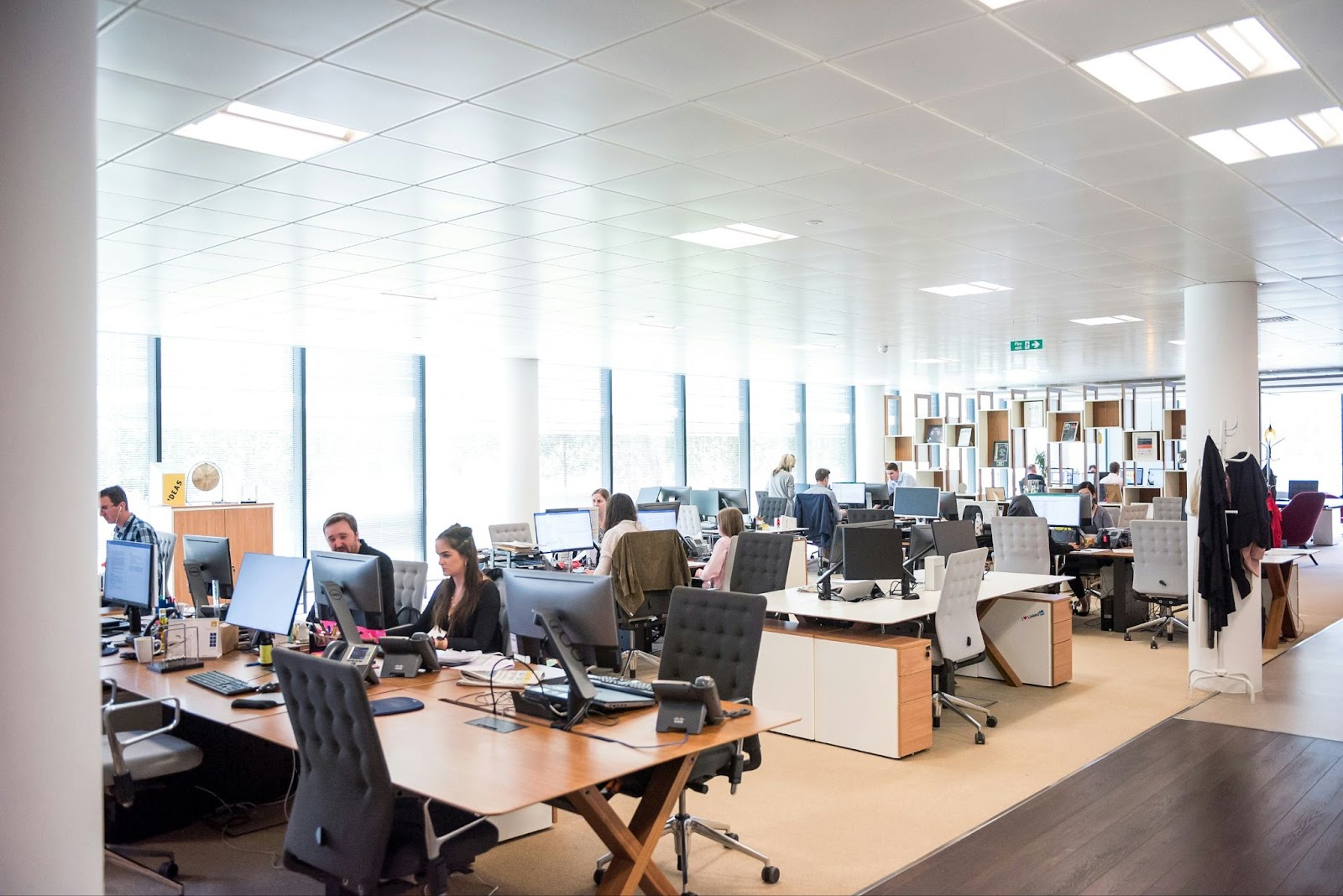 A large office space with a team of employees working at their desks, equipped with computers and various office supplies.